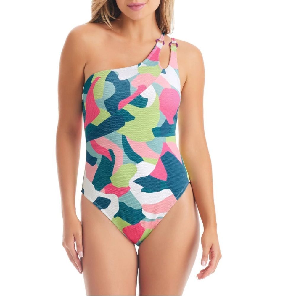 Jessica Simpson Women's Standard Shoulder Maillot One-Piece Swimsuit White Multi